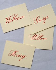 four cards with red ink on them that say william, george, and henry written in cursive writing