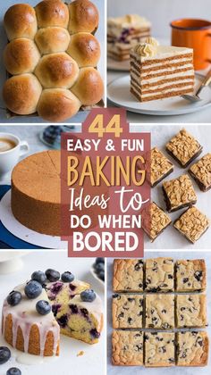 four pictures with different types of baked goods and the words 4 easy and fun baking ideas to do when bored