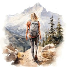 a watercolor painting of a woman hiking in the mountains with her back to the camera