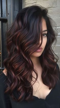 Red With Balayage Highlights, Dark Brown Hair Balayage Naturally Curly, Dark Brown With Chocolate Balayage, Dark Brown Hair With Deep Red Balayage, Black To Dark Red Hair, Subtle Burgundy Balayage, Brunette To Red Balayage, Two Tone Dark Hair, Dark Brown Hair With Burgundy Balayage