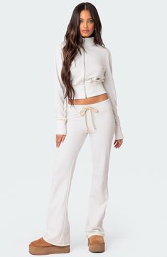 This cotton-blend jacket is an easy option to lounge around or layer up for cozy comfort while you're out and about. Front zip closure Stand collar Long sleeves 50% cotton, 50% polyester Machine wash, dry flat Imported White Sweatshirt Outfit, Low Rise Sweatpants, Ibiza Outfits, Cropped Zip Up, Swimwear Dress, Y2k Style, White Sweatshirt, S Models, Pacsun