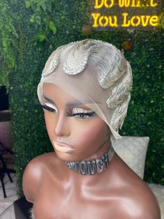 "This custom unit made using a 8\" 13*4 lace front wig 22\" circumference. It is transparent lace. It is custom colored to thise options mentioned.And we use high end Lux Austrian Crystals to make a rich statement for your special event. Don't worry, the stones and waves are secured and won't fall off. No doubt, You will definitely make a statement with this piece." Lacefront Wig, Finger Wave, Drag Wigs, Finger Waves, Lace Front Wig, Austrian Crystal, Lace Front Wigs, Special Event, Don't Worry