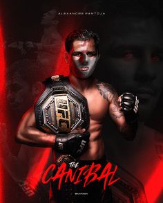 a man holding a wrestling belt in front of a red and black background with the words cantaba written on it