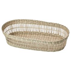 an oval wicker basket with handles on a white background, isolated for use as a serving tray