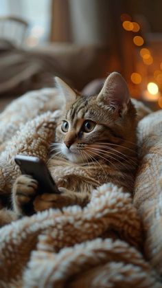 a cat laying on top of a blanket next to a remote control