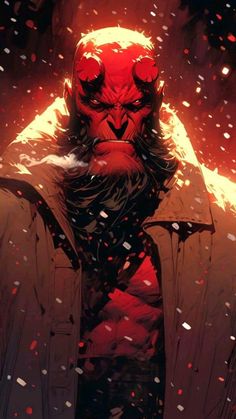 a red demon standing in the snow with his hands on his hips and eyes closed