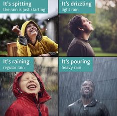 there are four different pictures with words in them that say it's raining, it's rain, and it's smiling