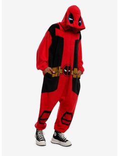 Marvel Deadpool Kigurumi | Hot Topic Deadpool And Wolverine Costume, Deadpool Clothes, Deadpool Merch, Halloween Costumes Pop Culture, Deadpool Outfit, Deadpool Hoodie, Deadpool Figure, Wolverine Costume, Home Halloween Costumes