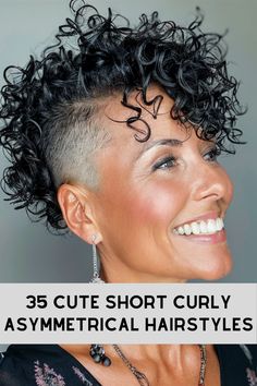 Short Curly Asymmetrical Hairstyle Ideas >>> Embrace your inner rockstar with the curly mohawk! This bold hairstyle combines sleekly shaved sides with a crown of wild, textured curls. Click here to check out more cute short curly asymmetrical hairstyles. Curly Pixie Hair Color Ideas, Curly Faux Hawk Pixie, Curly Hair Faux Hawk Women, Short Curly Shaved Sides, Short Curly Undercut Women, Short Curly Hair Shaved Side, Pixie Mohawk Shaved Sides, Shaved Curly Hairstyles, Short Curly Hair Mohawk