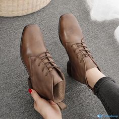 Orcajump - Handcrafted Low-Heeled Genuine Leather Vintage Ankle Boots with Lace-Up Design - Fashionable Short Boots Made of Fine Cowhide Leather Square Head, Genuine Leather Shoes, Pig Skin, Short Boots, Low Heels, Cowhide Leather, Leather Shoes, Heel Height, Ankle Boots