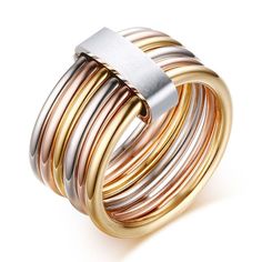 Silver&Gold&Rose Gold 6 In 1 Bands Women's Stainless Steel Party Rings Size 6-9 Stainless Steel Wedding Bands, Plain Bands, Trendy Ring, Girls Gift, Charm Rings, Gift Jewelry, Wrap Rings, Stainless Steel Rings, Rings For Women