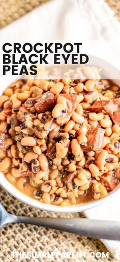 crockpot black eyed peas with bacon in a white bowl on top of a table