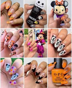 Disney Nails October, Disney Nails Halloween Easy, Disney Nail Designs Halloween, Halloween Nails With Stickers, Tropical Halloween Nails, Minnie Mouse Halloween Nails, Disney Spooky Nails, Disney Halloween Nails Simple