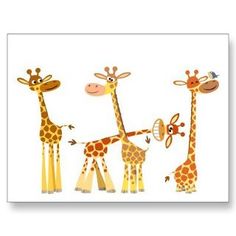 three giraffes standing next to each other in front of a white background