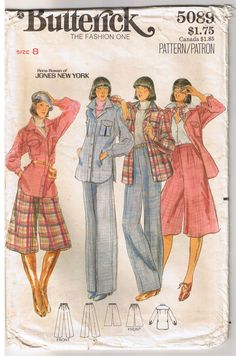 Vtg 70s Straight Leg Pants Culottes Shirt Jacket Butterick Sewing Pattern Size 8 #Butterick Vintage Long Sleeve Workwear Sets, Vintage Long Sleeve Sets For Workwear, Retro Long Sleeve Sets For Fall, Clothing Construction, 70s Patterns, Yoke Shirt, Era Fashion, Pants Sewing, Disney Fanart