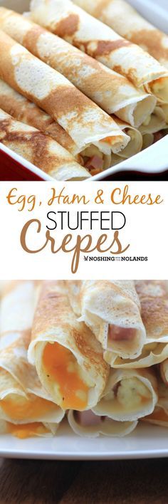 egg, ham and cheese stuffed crepes on a white plate with text overlay