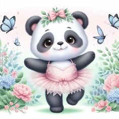 a panda bear in a pink tutu with butterflies