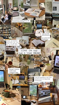 a collage of pictures with books and laptops