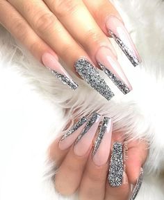 Nye Nails, Nails With Glitter, New Years Nail Designs, New Years Eve Nails, Long Acrylic Nail Designs, Long Acrylic Nails Coffin, Bling Acrylic Nails, Glam Nails, Nail Designs Glitter