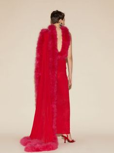 THE ATTICO Vibrant red long dress Red Pre-draped Maxi Dress, Elegant Red Dress With Feather Trim, Red Pre-draped Maxi Dress For Party, Red Draped Maxi Dress For Party, Red Feather Trim Evening Dress, Elegant Red Pre-draped Maxi Dress, Red Evening Dresses With Feather Trim, Red Sheer Maxi Dress For Evening, Red Draped Dress For Red Carpet