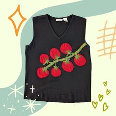 ⭐ Available ⭐ $60 - Tomato Tank, Size Medium 🍅 Tomato Embroidery, Tomato Shirt, Tank Top Diy, Patchwork Art, Patches On Clothes, Embroider Ideas, Patchwork Ideas, Embroidered Tops, Upcycled Clothes