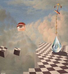 a surreal painting with an eye looking at the sky and two cubes in front of it