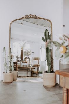 a mirror sitting on top of a wooden table next to potted cacti