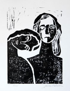 a black and white drawing of a woman holding a man's head in her arms