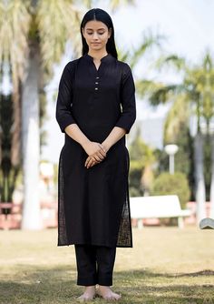 Rayon Solid Black Straight Cut Kurta Black Long Kurti Designs, Straight Kurti Designs, Ladies Frock Design, Collar Kurti Design, Collar Kurti, Plain Kurti, Summer/fall Outfits, Black Kurti, Modest Evening Dress