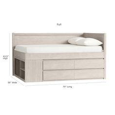 a bed with drawers underneath it and a white pillow on top of the headboard