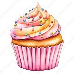 a cupcake with pink frosting and sprinkles is shown on a white background