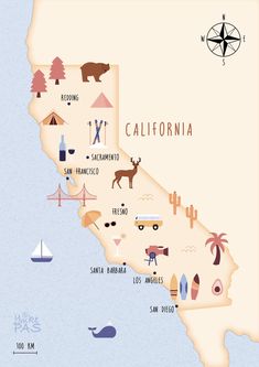 an illustrated map of the state of california with all its major cities and towns in it