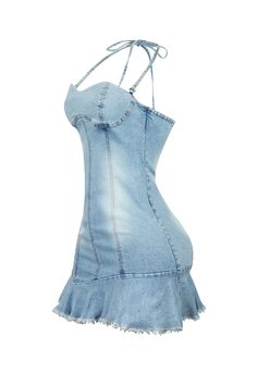 Light washed denim bustier mini dress featuring flare and frayed hem detail Adjustable halter tie and back zipper closure We recommend wearing pasties, a strapless bra, or no bra with this garment Runs true to size Fitted Backless Denim Dress, Fitted Denim Blue Denim Dress With Spaghetti Straps, Fitted Medium Wash Denim Dress With Spaghetti Straps, Summer Denim Fitted Corset Dress, Fitted Denim Blue Dress With Spaghetti Straps, Fitted Denim Dress With Spaghetti Straps, Fitted Denim Corset Dress For Summer, Fitted Sleeveless Denim Dress With Frayed Hem, Fitted Backless Denim Dress For Spring