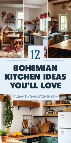 Inspiration for 12 diverse bohemian kitchens, featuring cozy designs and cultural accents. The pin showcases 4 unique images that highlight charming vintage décor and innovative use of color.