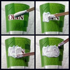 four pictures showing the process of making whipped cream in a green cup with wooden spoons