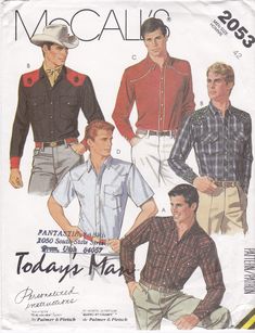 Men's Shirt Patterns Chest Size 42 Classic Western Style Shaped Yoke Shirts Palmer & Pletsch Ranch Shirt McCall's Sewing Pattern 2053 Uncut Mens Western Wear, 80s Shorts, Western Style Shirt, Motif Vintage