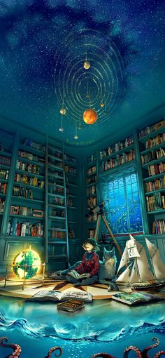 an underwater room with bookshelves full of books and octopuses in the water