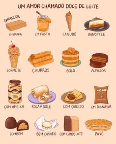 an image of different types of breads and pastries on a pink background with spanish words