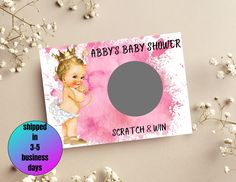 a baby shower card with an image of a baby in a diaper on it