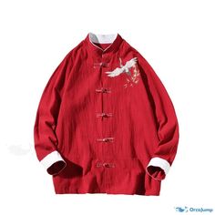 OrcaJump - Cotton and Linen Casual Buttoned Hanfu Fashion Embroidered Jacket Casual Cotton Outerwear With Embroidered Cuffs, Embroidered Cotton Outerwear With Stand Collar, Casual Outerwear With Floral Embroidery And Stand Collar, Casual Red Embroidered Outerwear, Casual Embroidered Top With Stand Collar, Cotton Outerwear With Floral Embroidery And Stand Collar, Traditional Long Sleeve Tops For Winter, Traditional Long Sleeve Winter Tops, Casual Embroidered Long Sleeve Outerwear