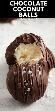 chocolate coconut balls on a white surface with text overlay that reads, chocolate coconut balls