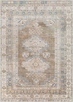 an antique rug with blue and beige accents