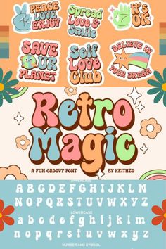 the retro magic font and numbers are all in different colors, shapes, and sizes