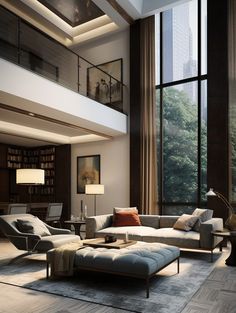 a living room filled with lots of furniture and tall windows next to a large window