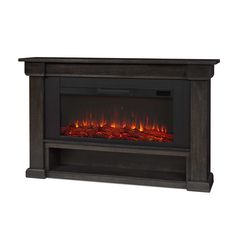 an electric fireplace with red flames in the center and dark wood frame, against a white background