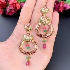 multicolor danglers in gold and ruby emerald pearls Jadau Jwellery, 22k Gold Jewelry Necklaces, 22k Gold Jewelry, Bridal Necklace Set, Pearl Necklace Set, Choker Necklace Set, Gold Jewelry Necklace, Gold Necklace Set, Emerald Necklace