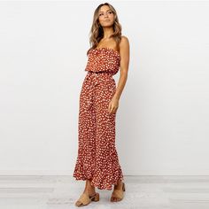 Off Shoulder Ruffle Jumpsuit Strapless Ruffled Jumpsuits And Rompers For Spring, Beach One-piece Jumpsuits And Rompers With Ruffles, Casual Ruffled Jumpsuits And Rompers For Brunch, Beach One-piece Jumpsuit With Ruffles, Fitted Jumpsuits And Rompers With Ruffle Hem For Brunch, Summer Strapless Ruffled Jumpsuits And Rompers, Casual Red Jumpsuits And Rompers With Ruffles, Fitted Ruffled Jumpsuits And Rompers For Vacation, Fitted Ruffle Jumpsuits And Rompers For Vacation