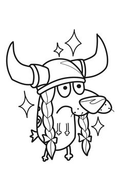 a black and white drawing of a bull with horns on it's head, wearing a