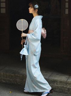 ❤ice blue flower yukata❤︎ Elegant Blue Floral Print Kimono, Elegant Blue Kimono For Summer, Traditional Blue Floral Kimono, Traditional Long Blue Kimono, Traditional Blue Floral Print Kimono, Blue Kimono For Spring Tea Ceremony, Blue Kimono With Kimono Sleeves For Tea Ceremony, Traditional Blue Kimono For Tea Ceremony, Cherry Blossom Season