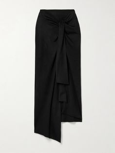 SALON 1884's 'Zadie' skirt is designed with a draped panel and sweeping ties that create a wrap effect along the waist. It's cut from soft wool-jersey and falls to an asymmetric hem. Black Wrap Skirt, Flat Dress Shoes, Floral Dresses Short, Dress Flats, Black Wrap, Black Midi Skirt, Party Looks, Soft Wool, Everyday Wardrobe